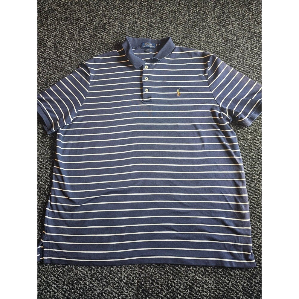 Polo Ralph Lauren Mens XL Navy Blue White Striped Polo Shirt Classic Fit Pony